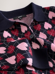 Navy Blue and Pink Heart Supersoft Knitted Shirt Collar Cardigan - Image 2 of 4