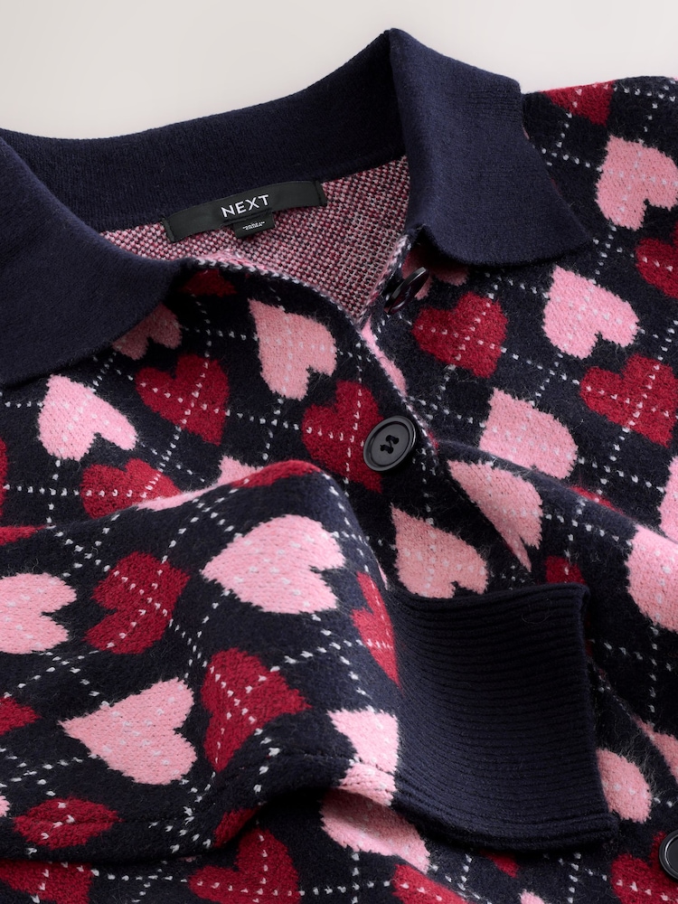 Navy Blue and Pink Heart Supersoft Knitted Shirt Collar Cardigan - Image 2 of 4 Navy Blue and Pink Heart Supersoft Knitted Shirt Collar Cardigan - Image 2 of 4