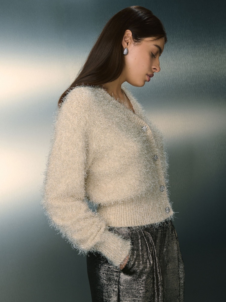 Ecru Sparkle V-Neck Reversible Cardigan - Image 1 of 9