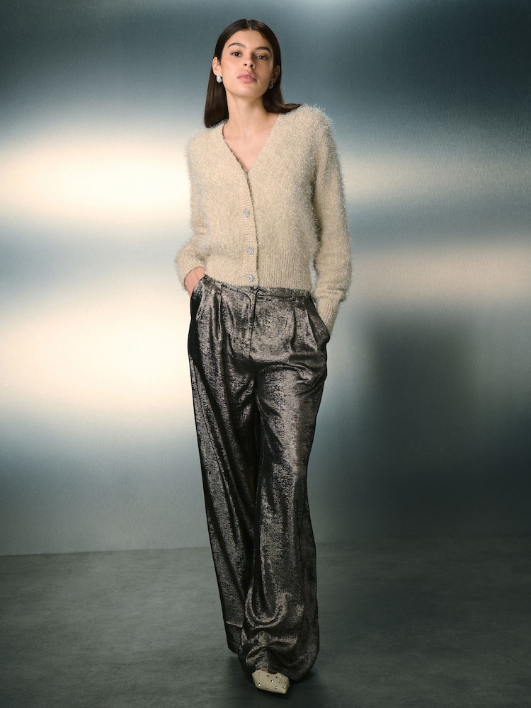 Ecru Sparkle V-Neck Reversible Cardigan - Image 2 of 9