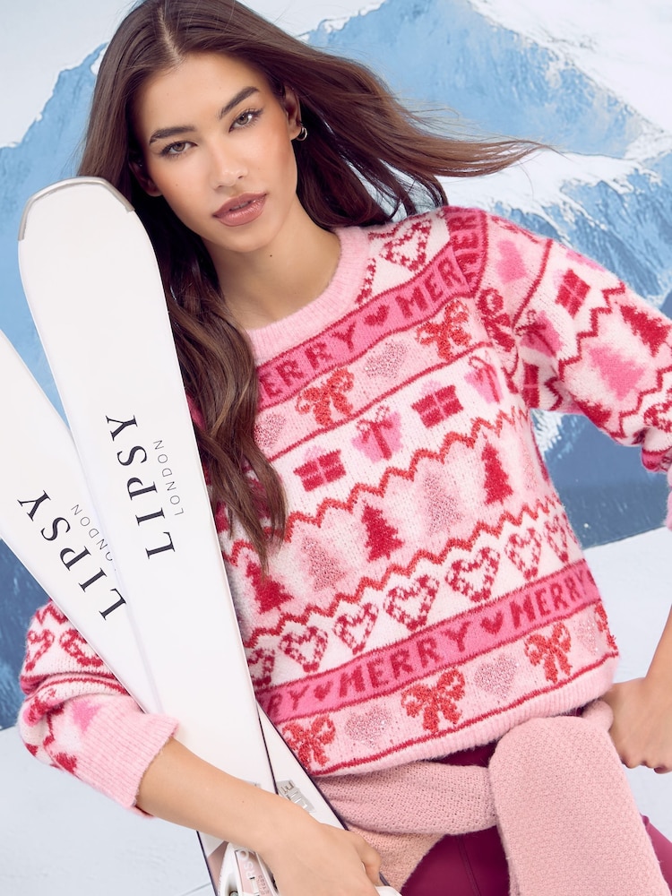 Lipsy Pink Fairisle Merry Christmas Crew Neck Knitted Jumper - Image 1 of 4