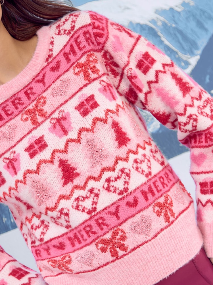 Lipsy Pink Fairisle Merry Christmas Crew Neck Knitted Jumper - Image 2 of 4