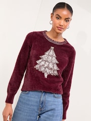 Lipsy Berry Red Tree Christmas Crew Neck Knitted Jumper - Image 3 of 4