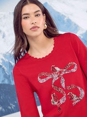 Lipsy Red Robin Bow Christmas Crew Neck Knitted Jumper - Image 1 of 5