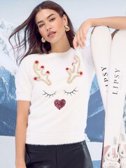 Ivory Reindeer - Lipsy Christmas Short Sleeve Crew Neck Knitted Top - صورة 1 من 4