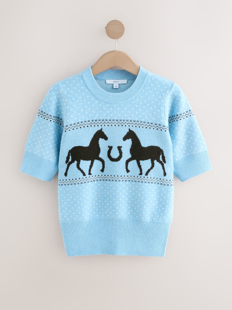 Light Blue Horse Super Soft Short Sleeve Knitted Top - Image 1 of 4 Light Blue Horse Super Soft Short Sleeve Knitted Top - Image 1 of 4