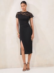 Lipsy Short Sleeve Lace Mix Bodycon Midi Dress - Imagen 2 de 4