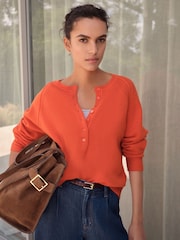Orange 100% Lambswool N.Premium Crew Neck Henley Jumper - Image 1 of 8