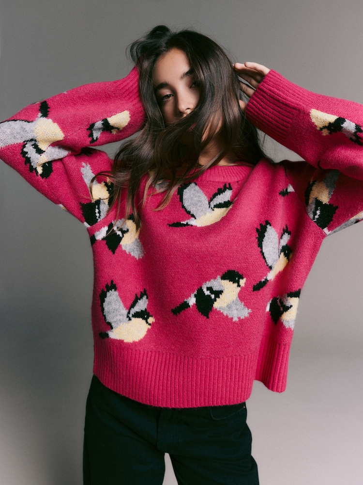 Bright Pink Bird Pattern Crew Neck Knitted Jumper with Wool - Image 1 of 8 Bright Pink Bird Pattern Crew Neck Knitted Jumper with Wool - Image 1 of 8