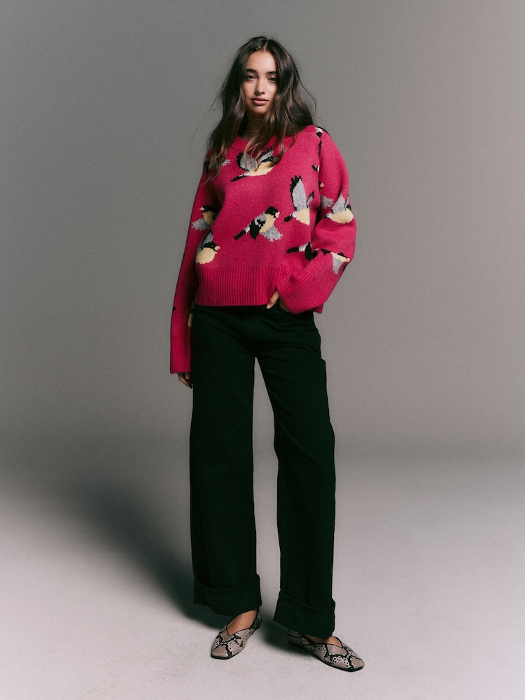 Bright Pink Bird Pattern Crew Neck Knitted Jumper with Wool - Image 2 of 8 Bright Pink Bird Pattern Crew Neck Knitted Jumper with Wool - Image 2 of 8