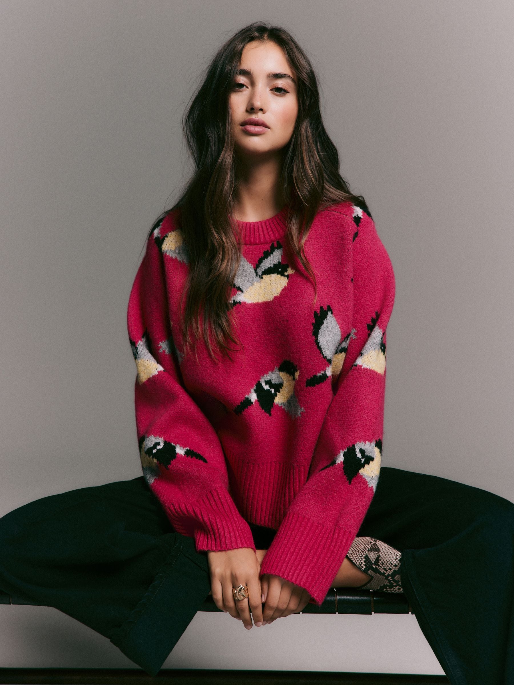 Buy Bright Pink Bird Crew Neck Knitted Jumper with Wool from Next USA