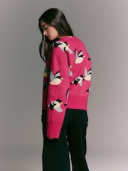 Bright Pink Bird Pattern Crew Neck Knitted Jumper with Wool - Image 4 of 8