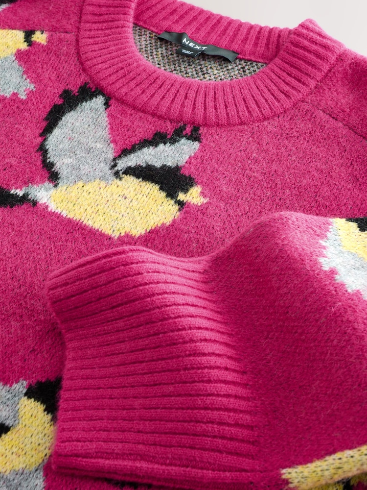 Bright Pink Bird Pattern Crew Neck Knitted Jumper with Wool - Image 8 of 8 Bright Pink Bird Pattern Crew Neck Knitted Jumper with Wool - Image 8 of 8