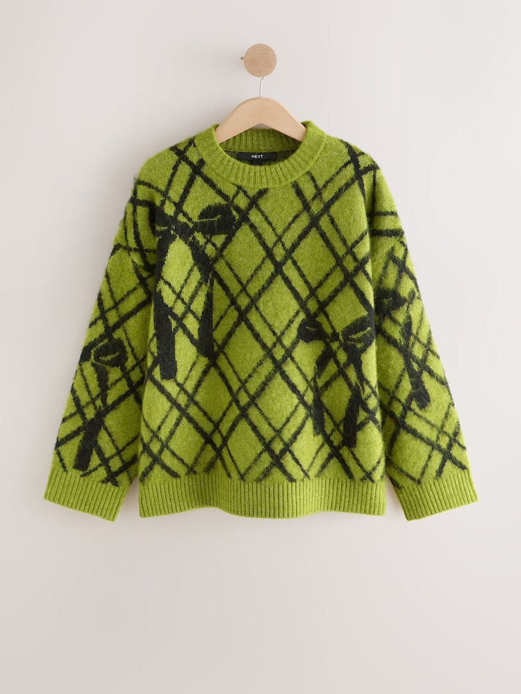 Bright Green Bow Check Brushed Crew Neck Jumper - Image 1 of 3
