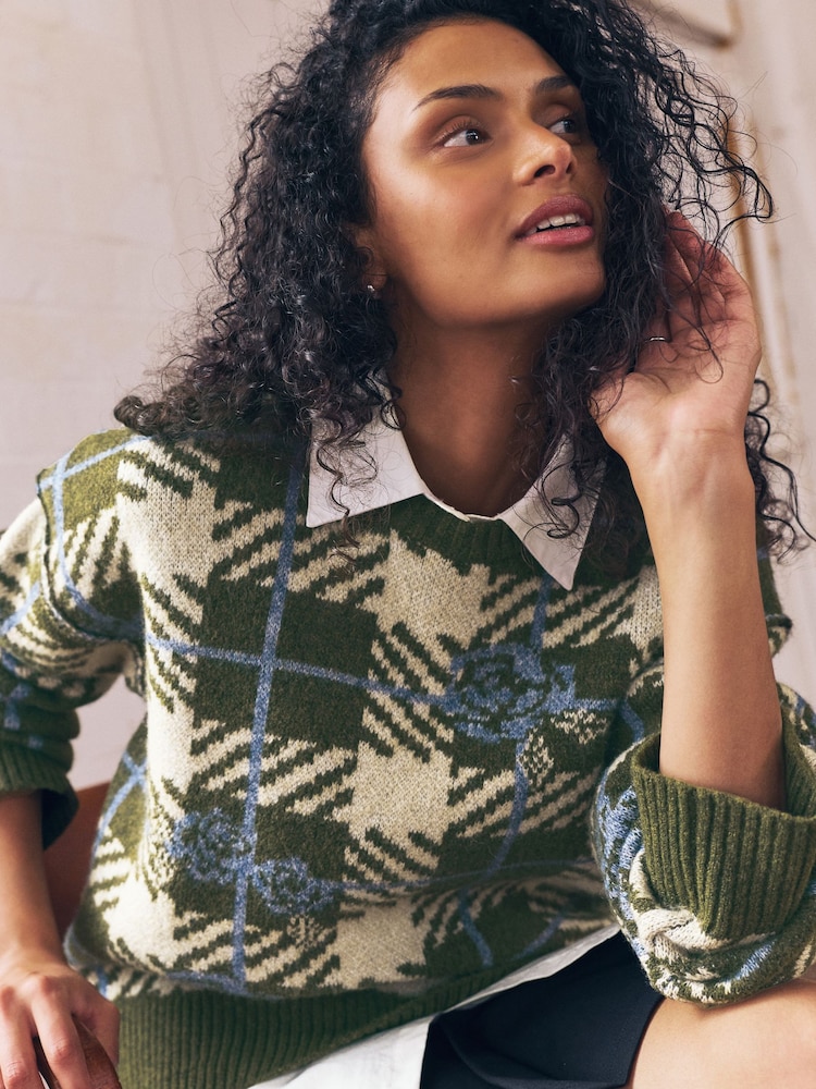 Khaki Green Floral Check Layer Knit Jumper - Image 7 of 7