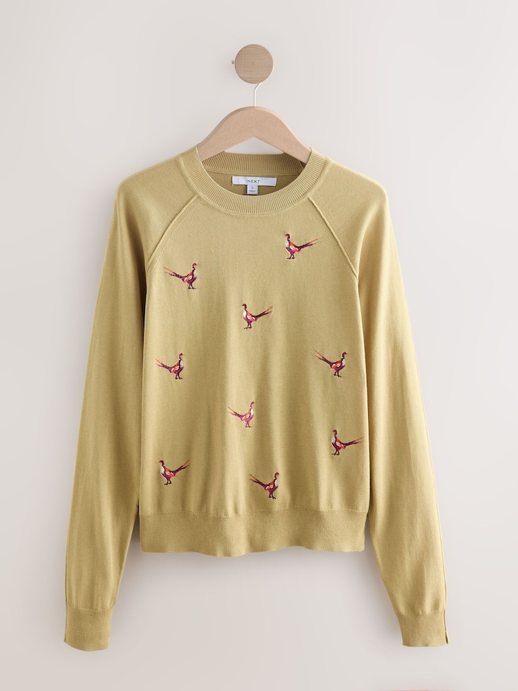 Citrine Yellow Pheasant Embroidered Soft Touch Crew Neck Cotton Rich Jumper - Image 10 of 10