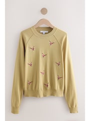 Citrine Yellow Pheasant Embroidered Soft Touch Crew Neck Cotton Rich Jumper - Image 2 of 10