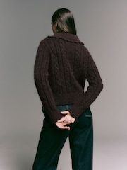 Chocolate Brown Cable Knit Collar Jumper With Wool - Image 4 of 8