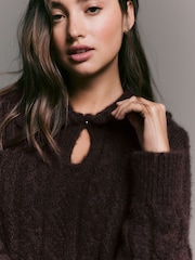 Chocolate Brown Cable Knit Collar Jumper With Wool - Image 5 of 8