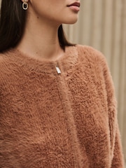 Camel Brown Bear Texture Zip-Up Bomber Jacket - Image 4 of 8