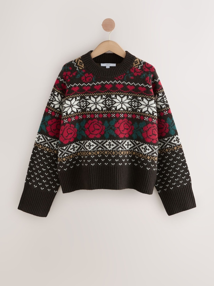 Chocolate Brown Fairisle Pattern Crew Neck Knitted Jumper with Wool - Image 1 of 3 Chocolate Brown Fairisle Pattern Crew Neck Knitted Jumper with Wool - Image 1 of 3