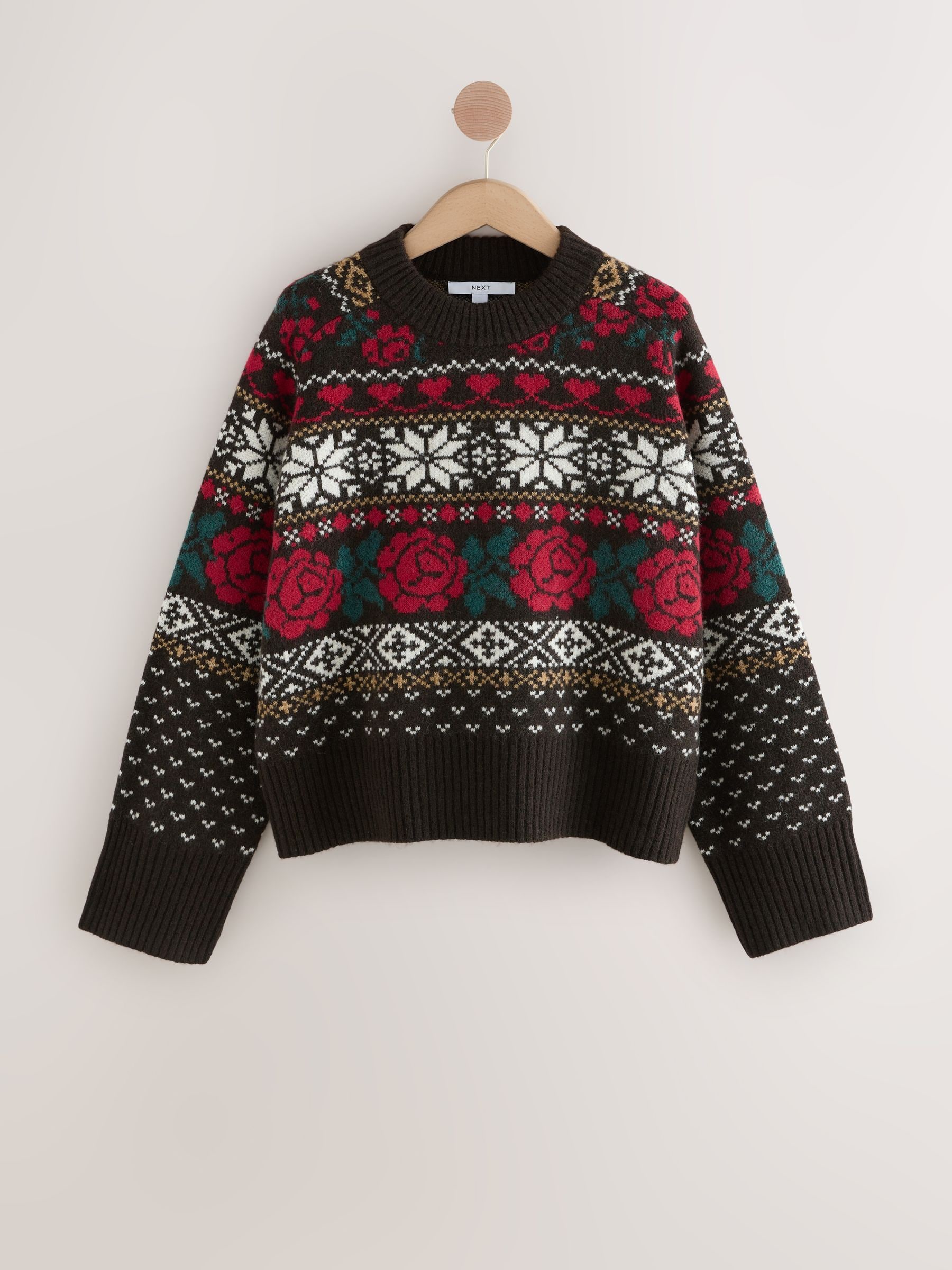 Buy Chocolate Brown Fairisle Crew Neck Knitted Jumper with Wool