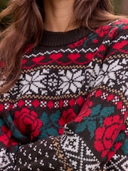 Chocolate Brown Fairisle Crew Neck Knitted Jumper with Wool - Image 6 of 9