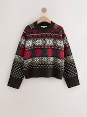 Chocolate Brown Fairisle Crew Neck Knitted Jumper with Wool - Image 7 of 9