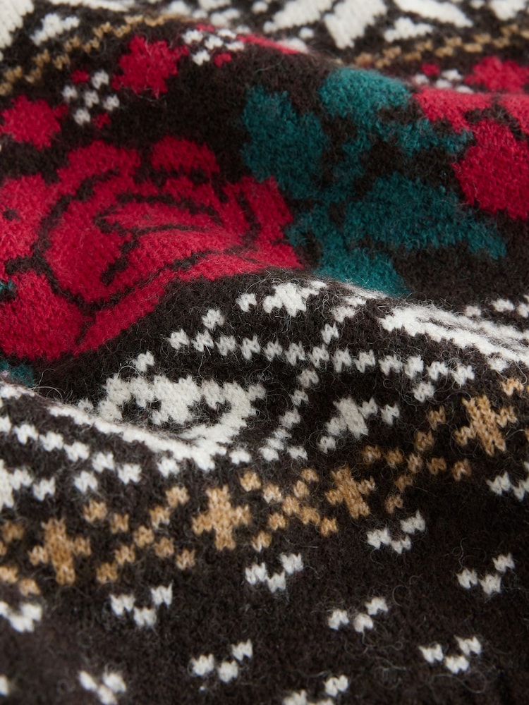 Chocolate Brown Fairisle Crew Neck Knitted Jumper with Wool - Image 8 of 8