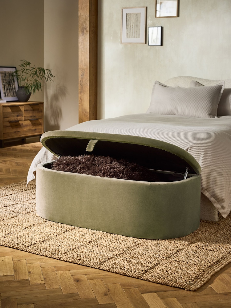 Relaxed Chenille Light Olive Green Kali Storage Ottoman Bench - Image 2 of 10