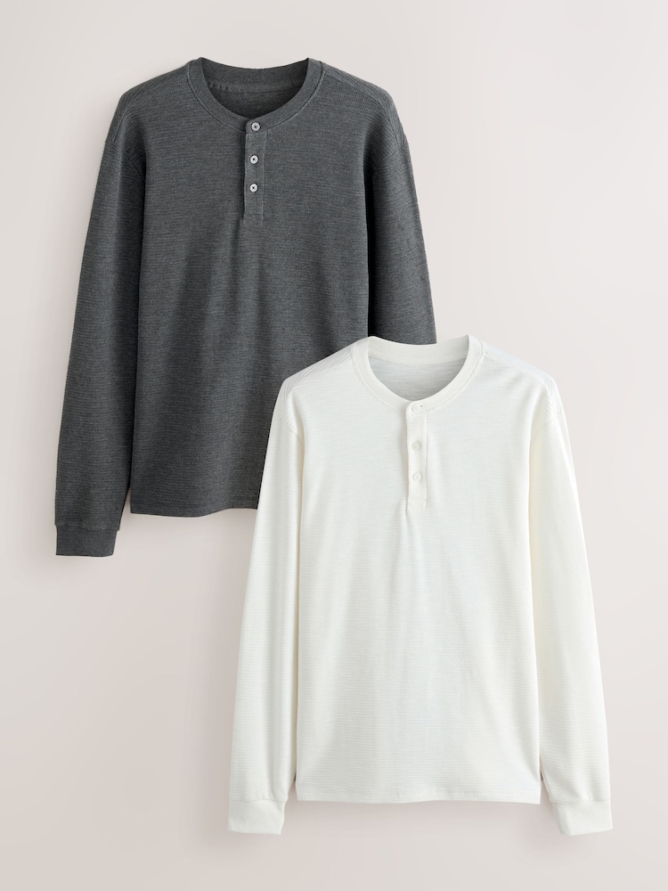 Charcoal Grey/Ecru White Long Sleeve Grandad Collar T-Shirts 2 Pack - Image 1 of 5
