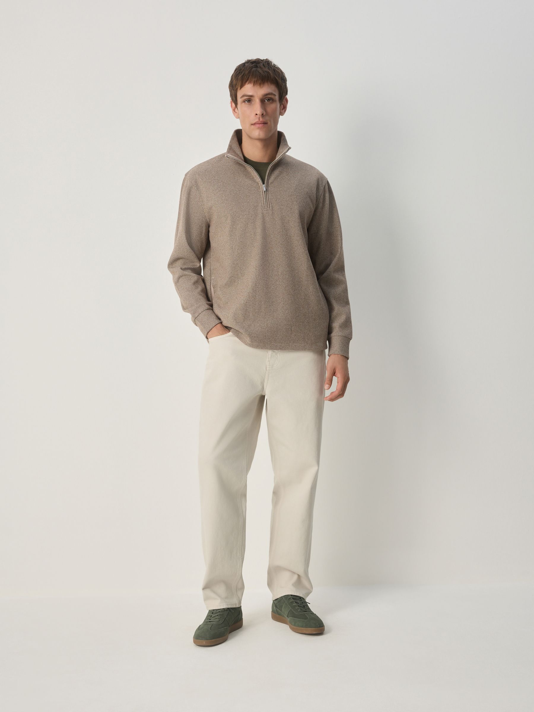 Buy Neutral Brown Dogtooth Long Sleeve Quarter Zip Jumper from the
