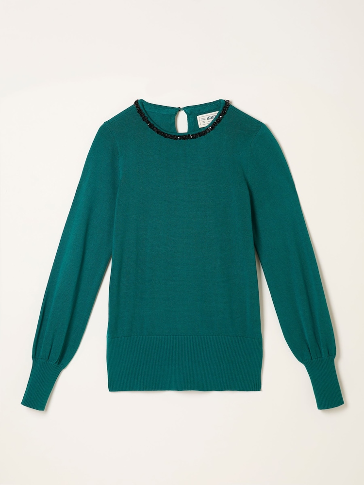 FatFace Raya Teal Blue Embellished Knitted Top - Image 7 of 7 FatFace Raya Teal Blue Embellished Knitted Top - Image 7 of 7