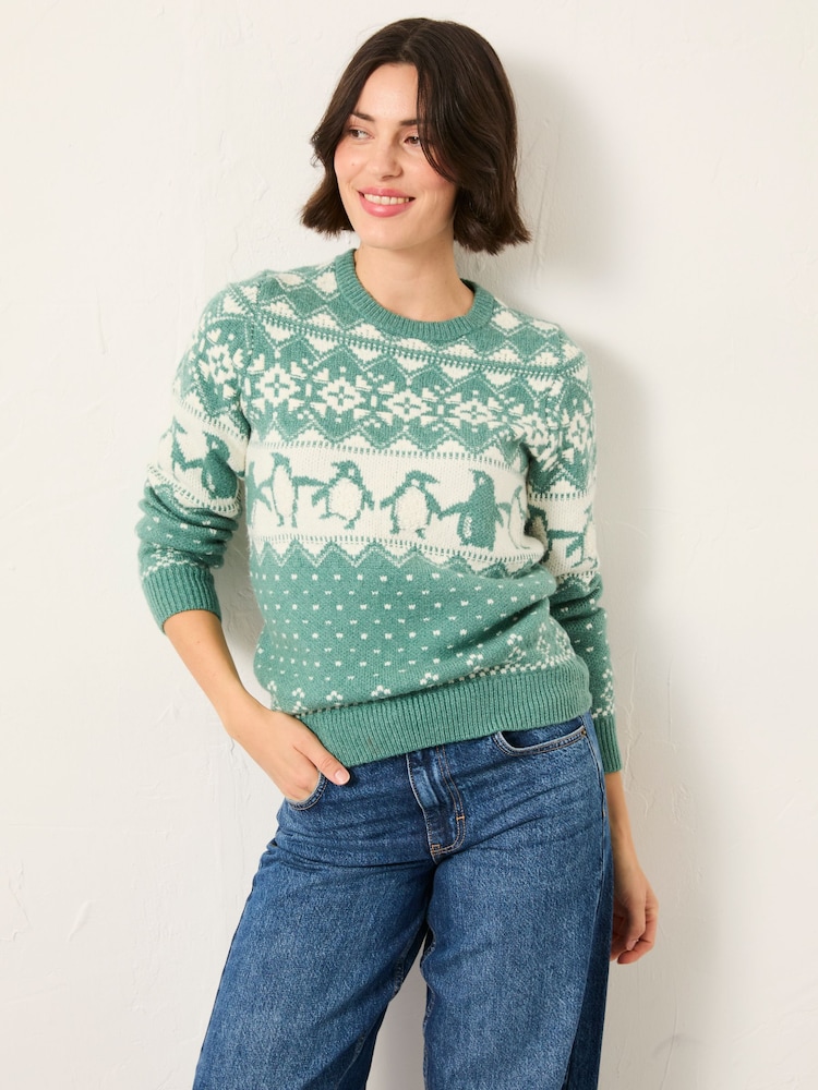 FatFace Teal Green Penguin Knitted Jumper - Image 1 of 5