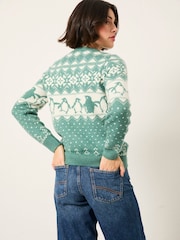 FatFace Teal Green Penguin Knitted Jumper - Image 2 of 5