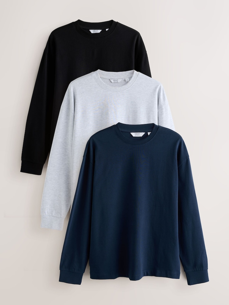 Black / Grey Marl / Navy Blue Relaxed Fit Long Sleeve Heavyweight 100% Cotton T-Shirts 3 Pack - Image 1 of 9 Black / Grey Marl / Navy Blue Relaxed Fit Long Sleeve Heavyweight 100% Cotton T-Shirts 3 Pack - Image 1 of 9