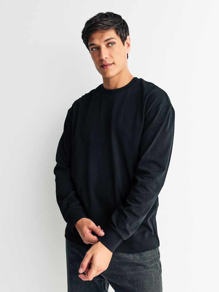 Black / Grey Marl / Navy Blue Relaxed Fit Long Sleeve Heavyweight 100% Cotton T-Shirts 3 Pack - Image 9 of 9 Black / Grey Marl / Navy Blue Relaxed Fit Long Sleeve Heavyweight 100% Cotton T-Shirts 3 Pack - Image 9 of 9