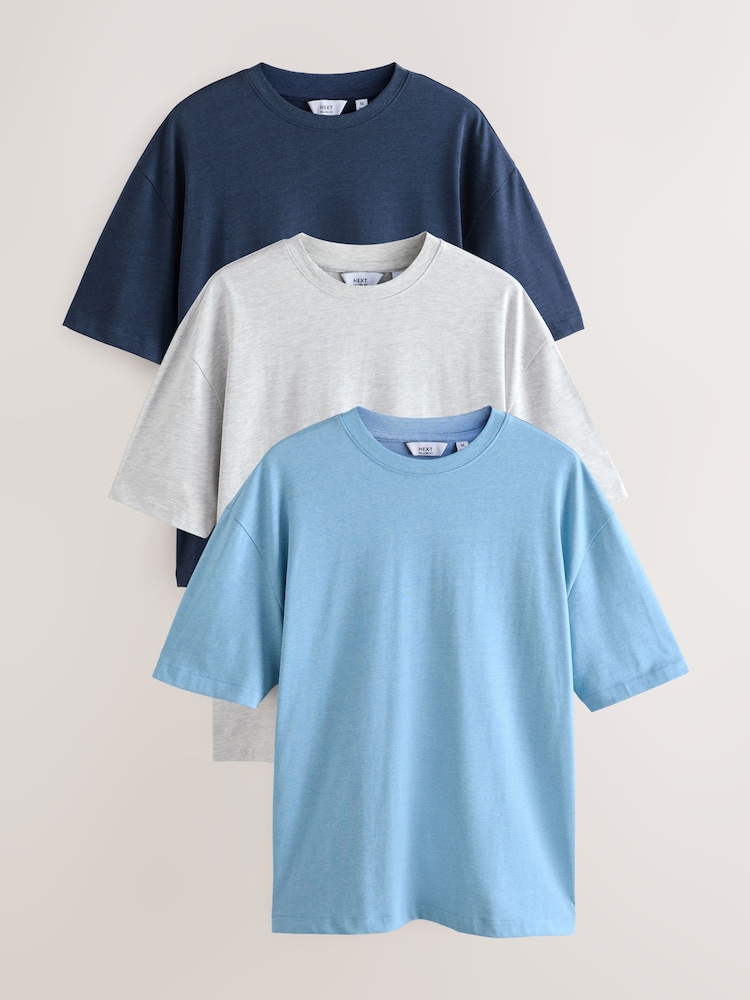 Grey/Light Blue/Navy Blue Marls Relaxed Fit Heavyweight T-Shirts 3 Pack - Image 1 of 6 Grey/Light Blue/Navy Blue Marls Relaxed Fit Heavyweight T-Shirts 3 Pack - Image 1 of 6