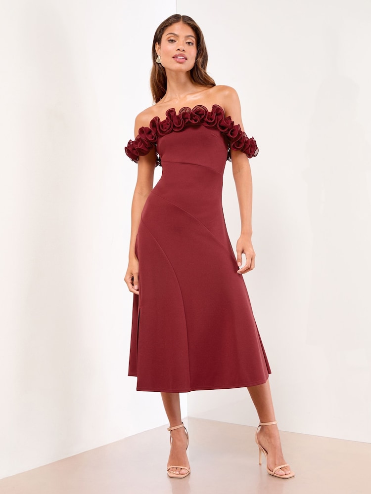 Lipsy Burgundy Red Petite Ruffle Bardot Fit And Flare Midi Dress - Image 1 of 4