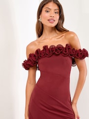 Lipsy Burgundy Red Petite Ruffle Bardot Fit And Flare Midi Dress - Image 3 of 4