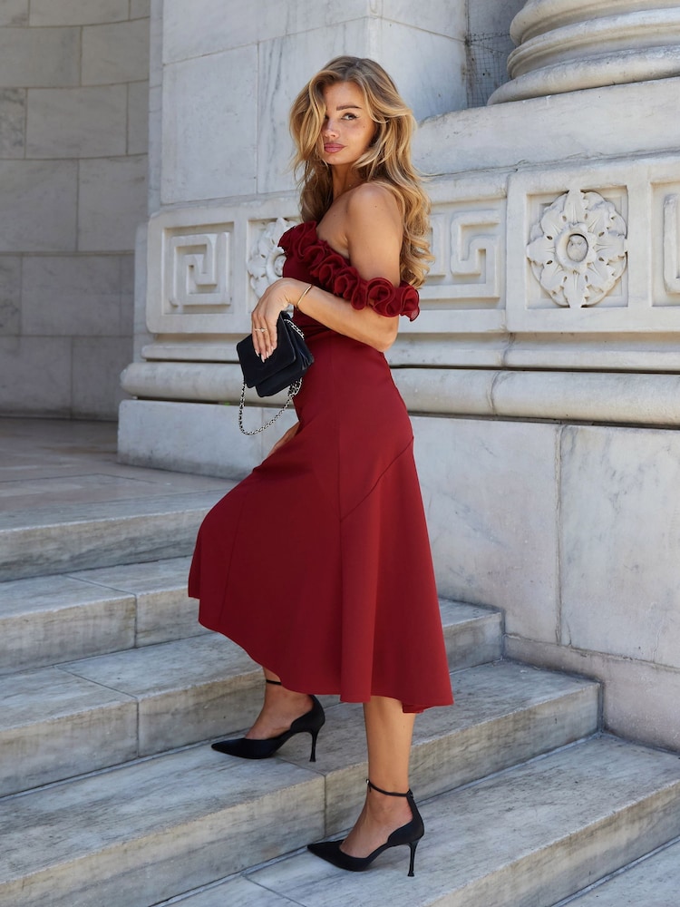 Buy Lipsy Burgundy Red Petite Ruffle Bardot Fit And Flare Midi