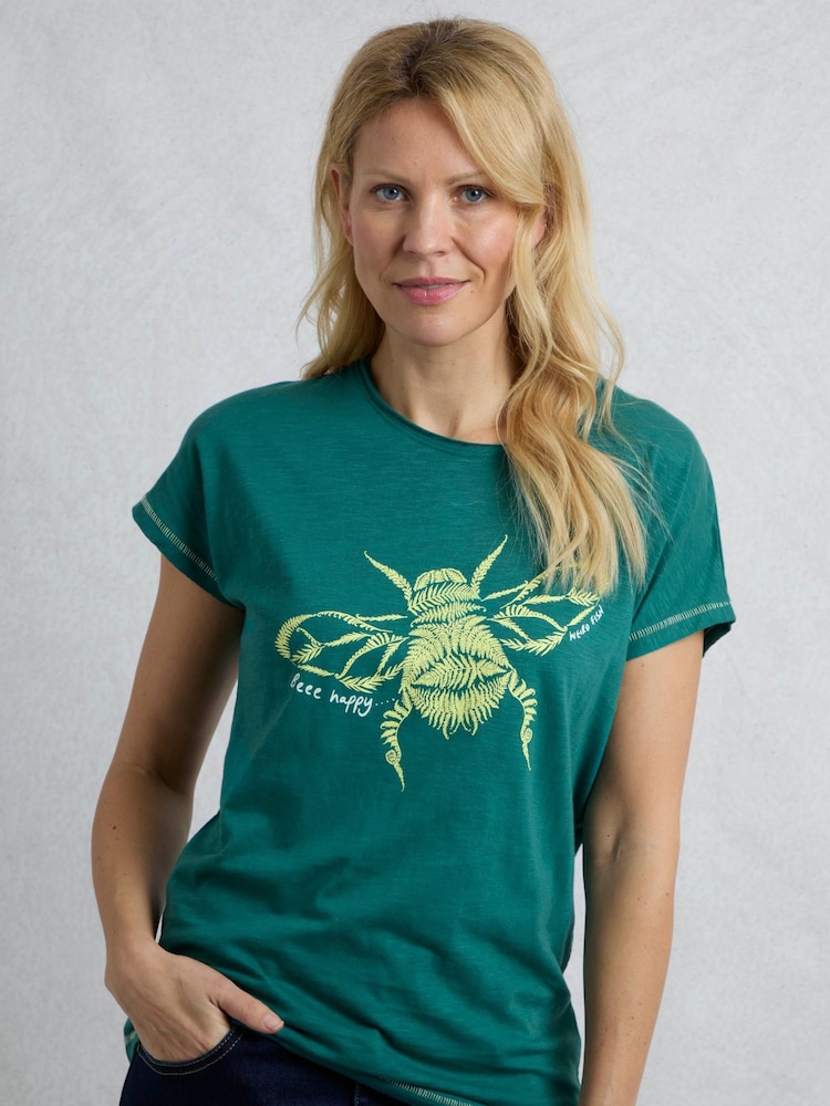 Weird Fish Green Fern Bee Slub 100% Cotton Graphic Print T-Shirt - Image 1 of 6