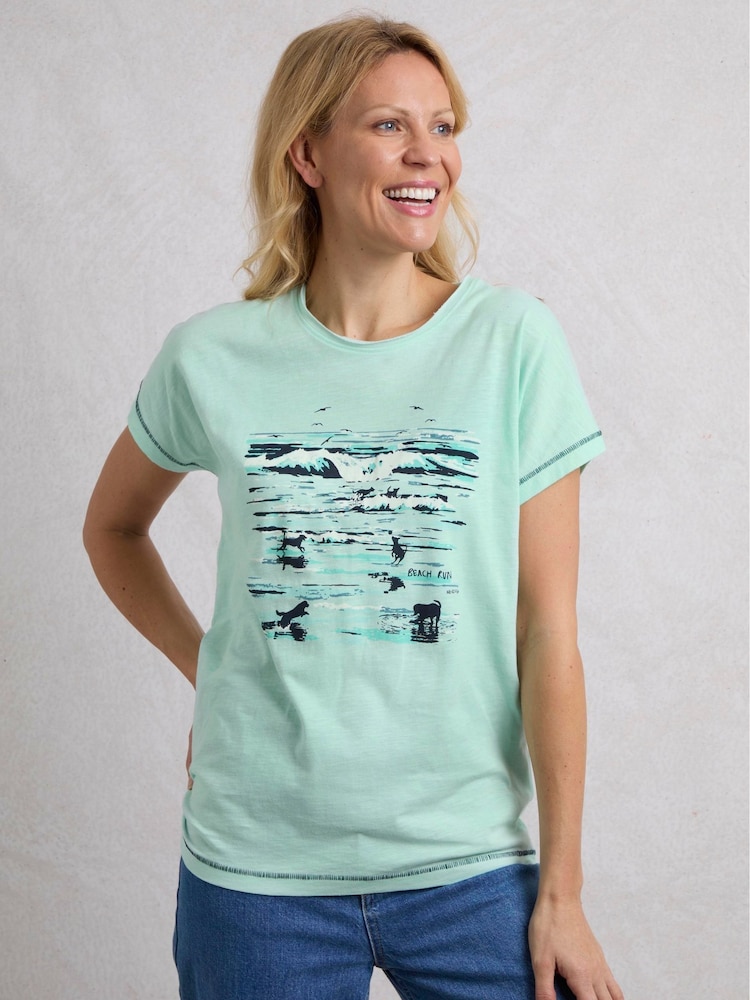 Weird Fish Green Beach Run 100% Cotton Graphic Print Slub T-Shirt - Image 1 of 6