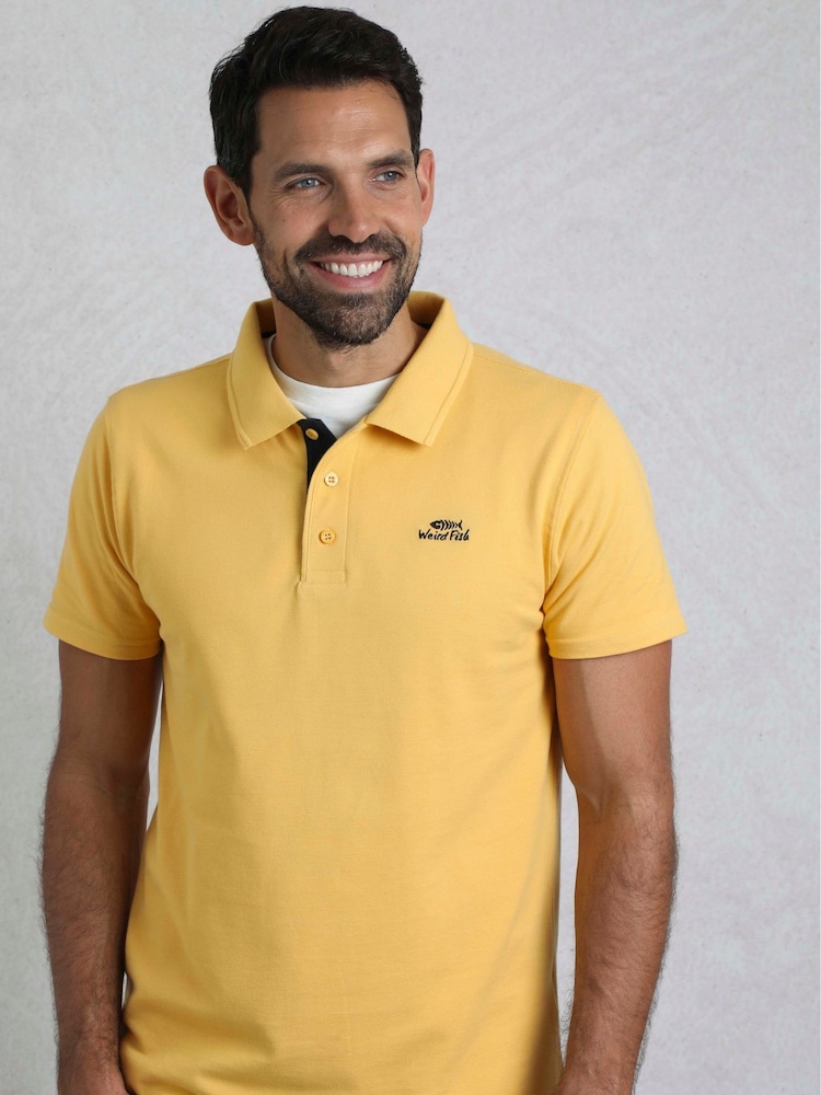 Weird Fish Yellow Miles Pique 100% Cotton Polo Shirt - Image 2 of 8 Weird Fish Yellow Miles Pique 100% Cotton Polo Shirt - Image 2 of 8