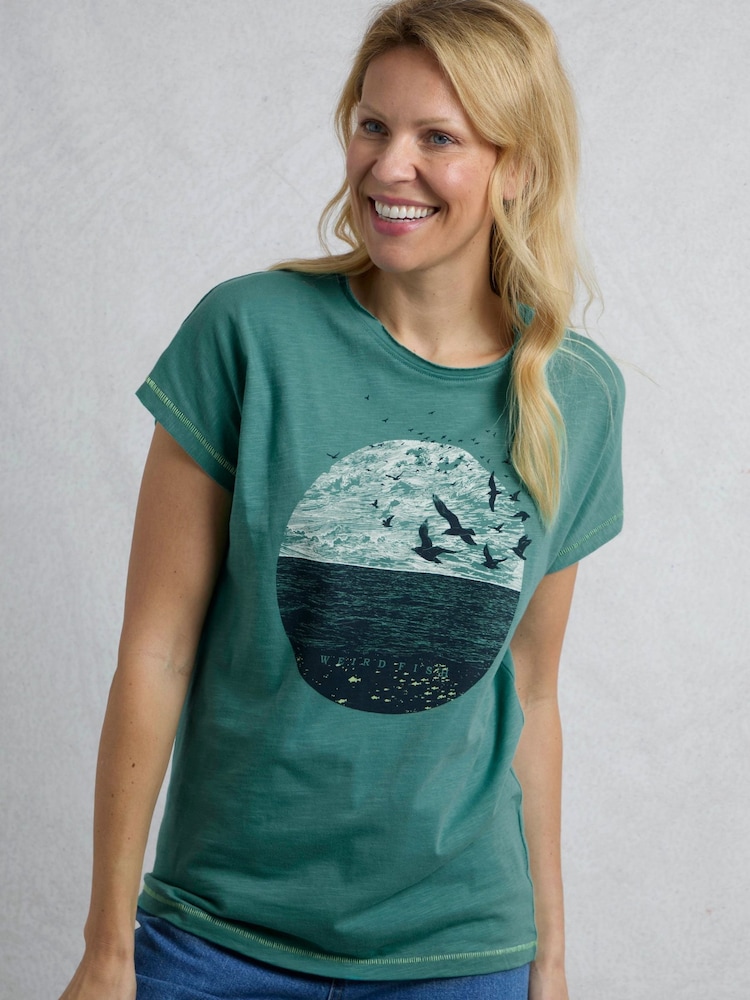 Weird Fish Green Volant Slub 100% Cotton Graphic Print T-Shirt - Image 3 of 6