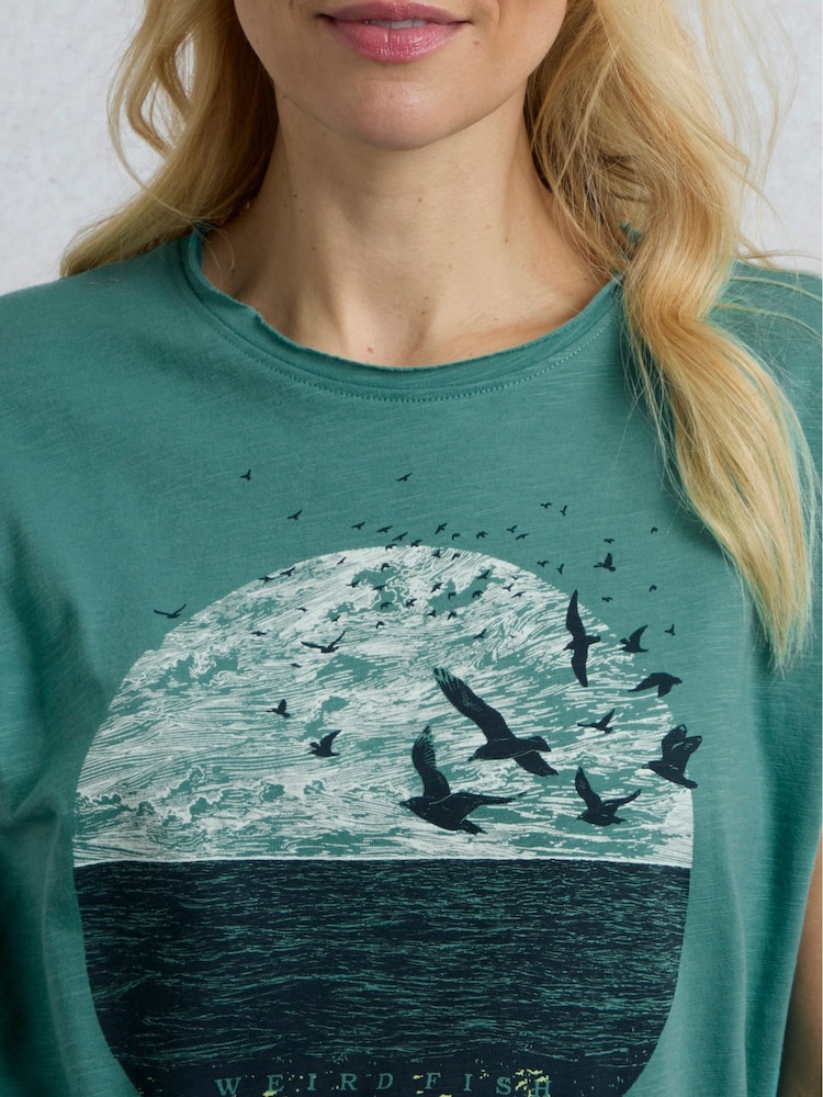 Weird Fish Green Volant Slub 100% Cotton Graphic Print T-Shirt - Image 4 of 6