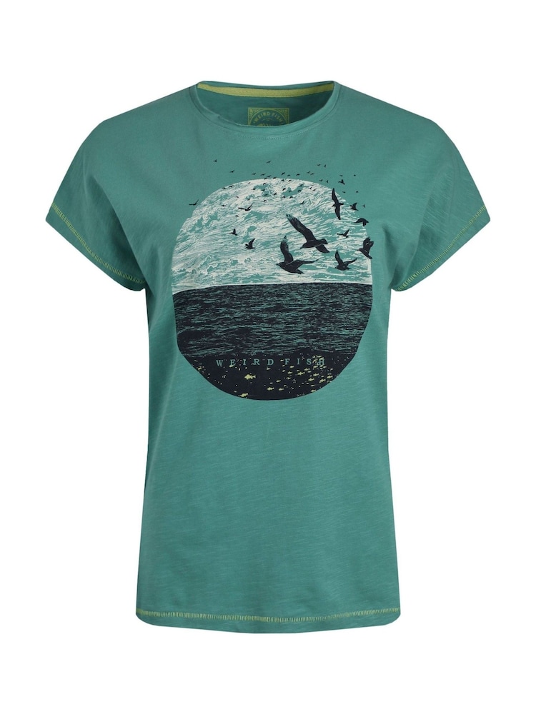 Weird Fish Green Volant Slub 100% Cotton Graphic Print T-Shirt - Image 5 of 6