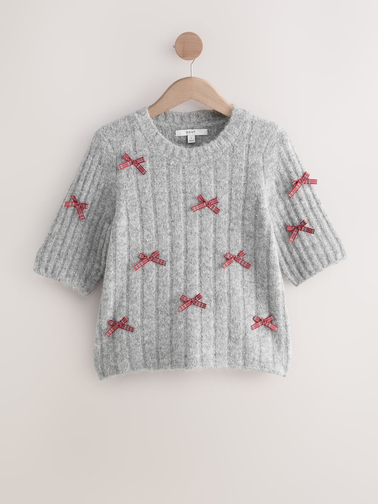 Grey with Tartan Bows Ribbed Crew Neck Knitted T-Shirt With Alpaca Wool - Image 1 of 3 Grey with Tartan Bows Ribbed Crew Neck Knitted T-Shirt With Alpaca Wool - Image 1 of 3