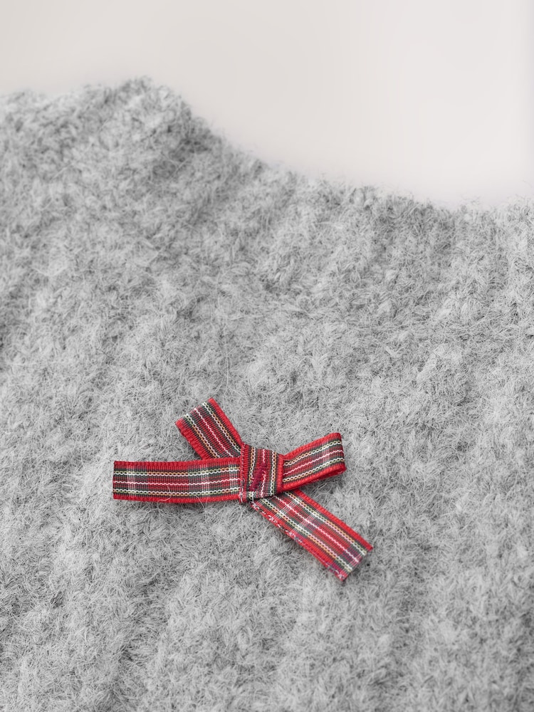 Grey with Tartan Bows Ribbed Crew Neck Knitted T-Shirt With Alpaca Wool - Image 2 of 3 Grey with Tartan Bows Ribbed Crew Neck Knitted T-Shirt With Alpaca Wool - Image 2 of 3
