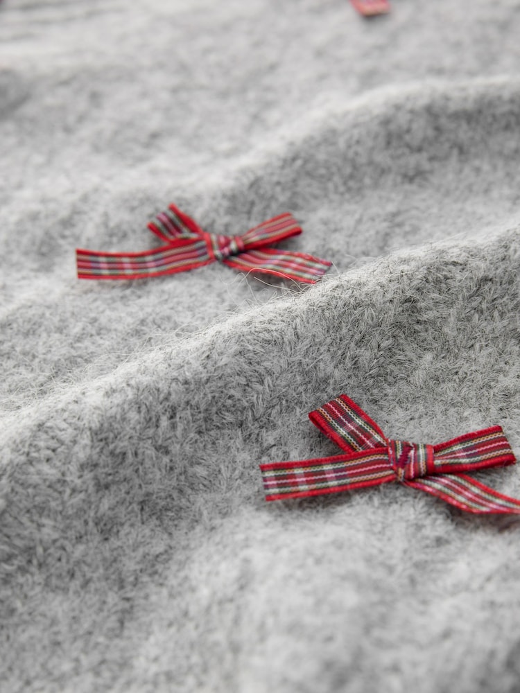 Grey with Tartan Bows Ribbed Crew Neck Knitted T-Shirt With Alpaca Wool - Image 3 of 3 Grey with Tartan Bows Ribbed Crew Neck Knitted T-Shirt With Alpaca Wool - Image 3 of 3